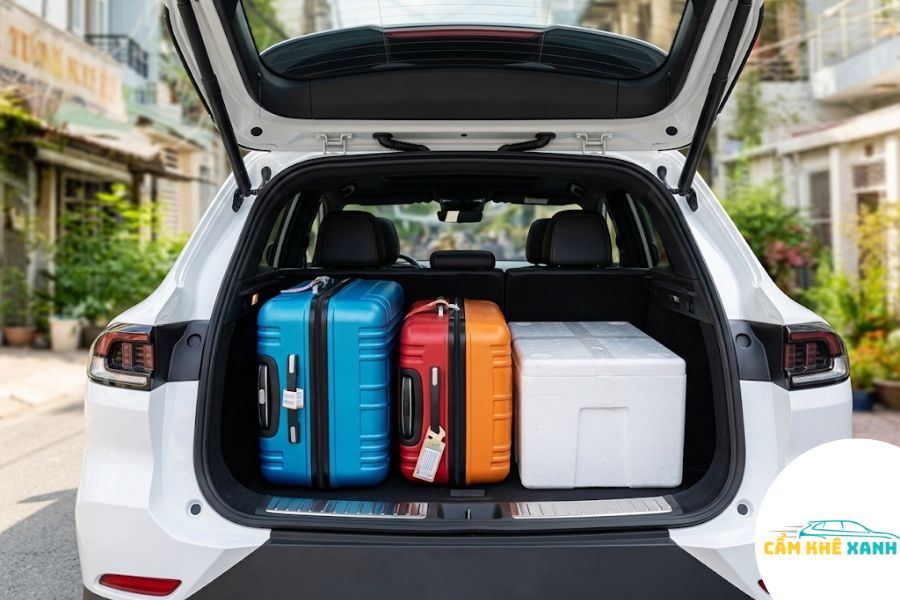 Khoang cốp xe điện VinFast rộng rãi chứa được nhiều vali hành lý cho khách đi máy bay