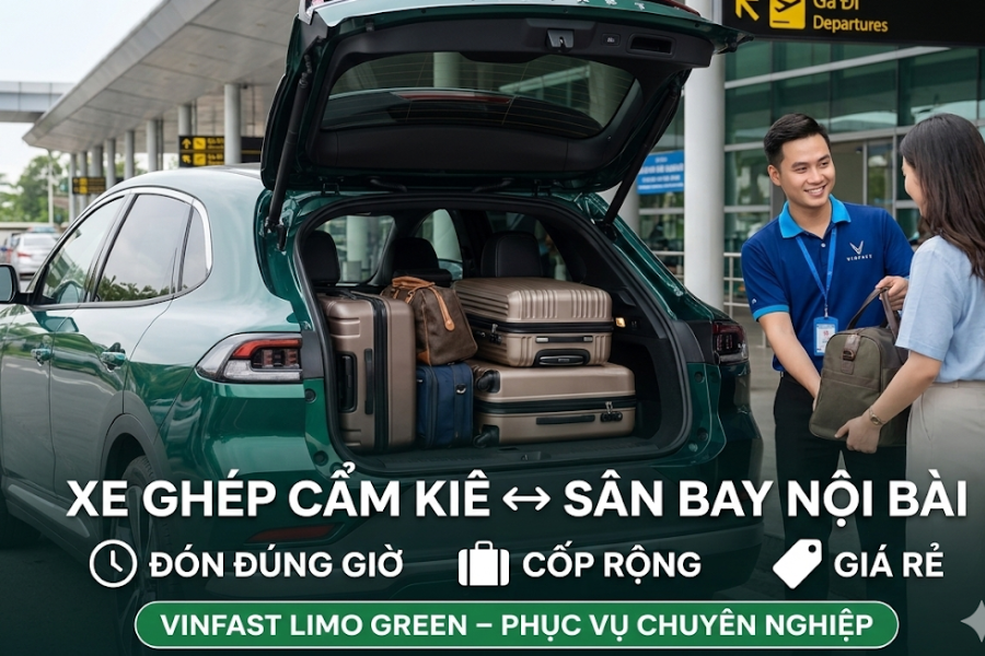 Cốp xe ô tô điện VinFast rộng rãi chứa nhiều vali hành lý khi đi sân bay